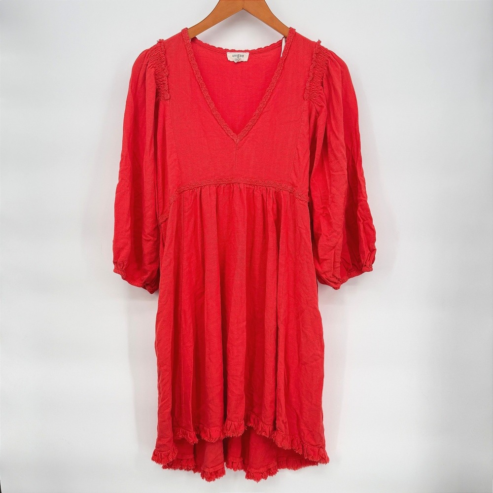Umgee Dress V-Neck Babydoll Flirty Linen Blend Boho Chic Peasant‎ Size Large